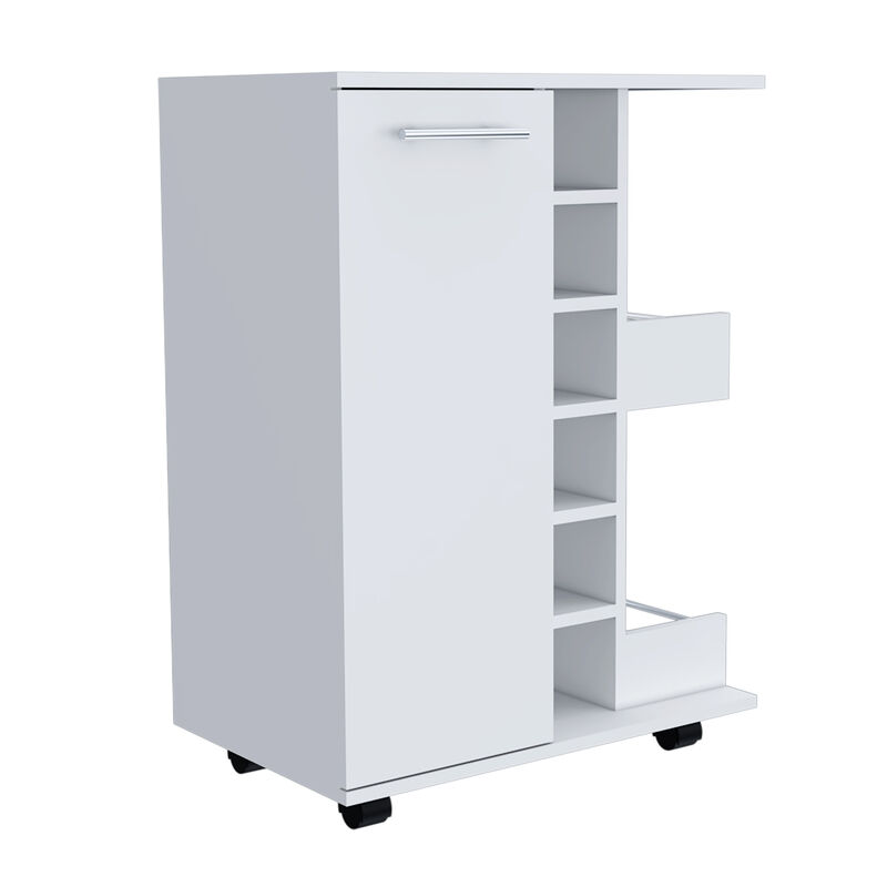 DEPOT E-SHOP Magda Bar Cart, Four Casters, Six Built-in Wine Rack, Single Door Cabinet, Two External Shelves, White