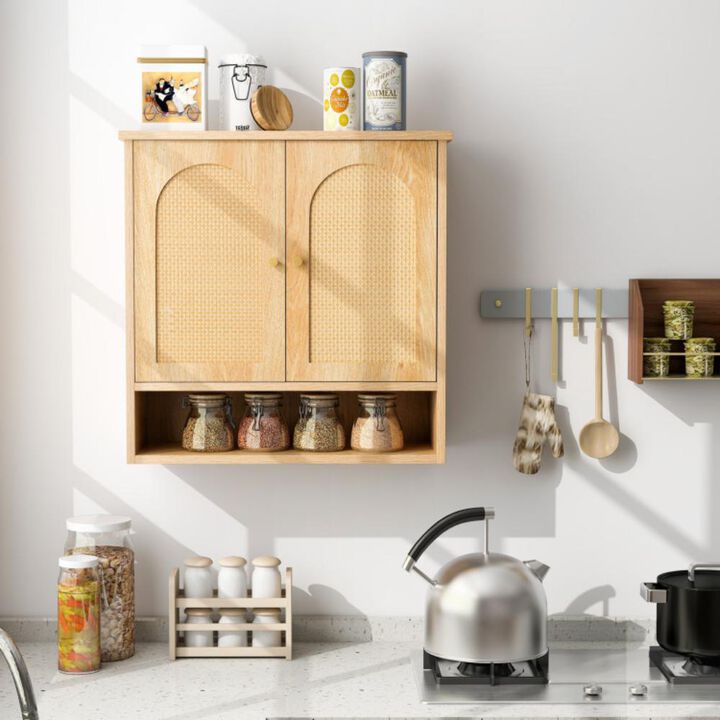 Hivvago Medicine Cabinet with 2 Rattan Doors for Laundry Room Kitchen Entryway