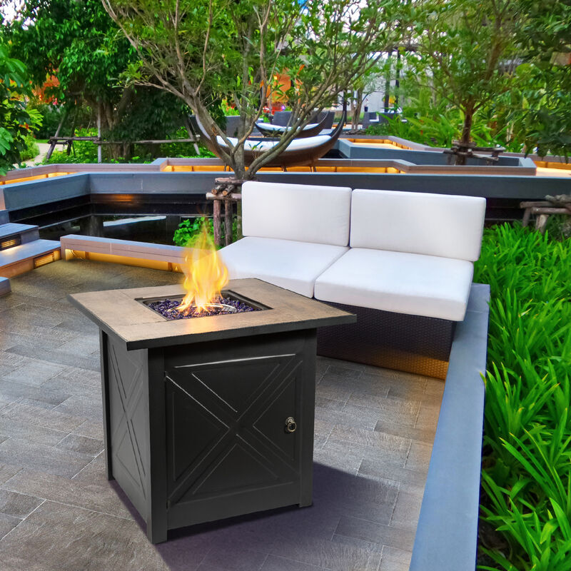 Teamson Home Outdoor Square 30" Propane Ceramic Gas Fire Pit with Steel Base, Black/Stone