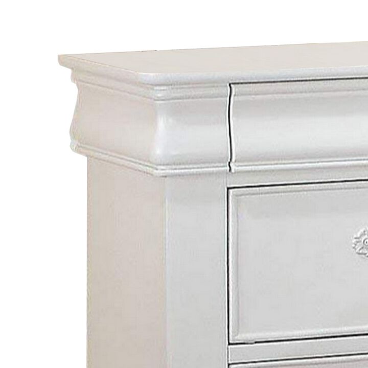 Three Drawer Nightstand With One Hidden Top Drawer And Scalloped Feet, White-Benzara