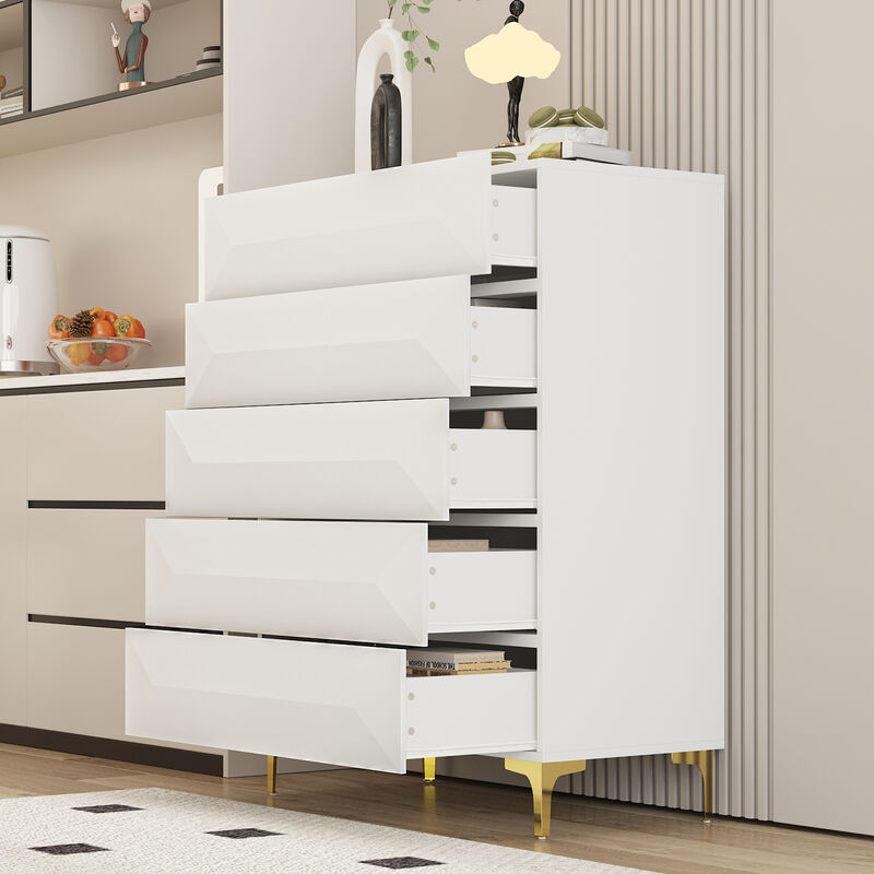 FUFU&GAGA 5-Drawer Chest with Geometric Front Design, Sturdy Metal Legs, (31.5" W x 15.7" D x 41.3" H), White