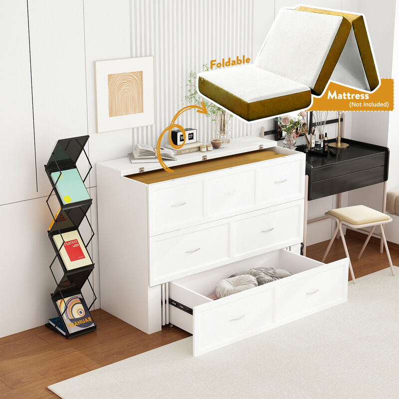 White Wood Frame Full Size Bed Murphy Bed Chest Cabinet With 2-Large Drawers, USB Charging Station and Wheels