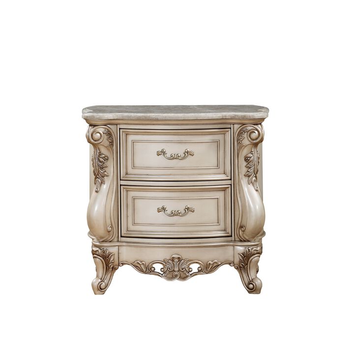 2 Drawer Nightstand With Raised Scrolled Floral Moulding, White-Benzara