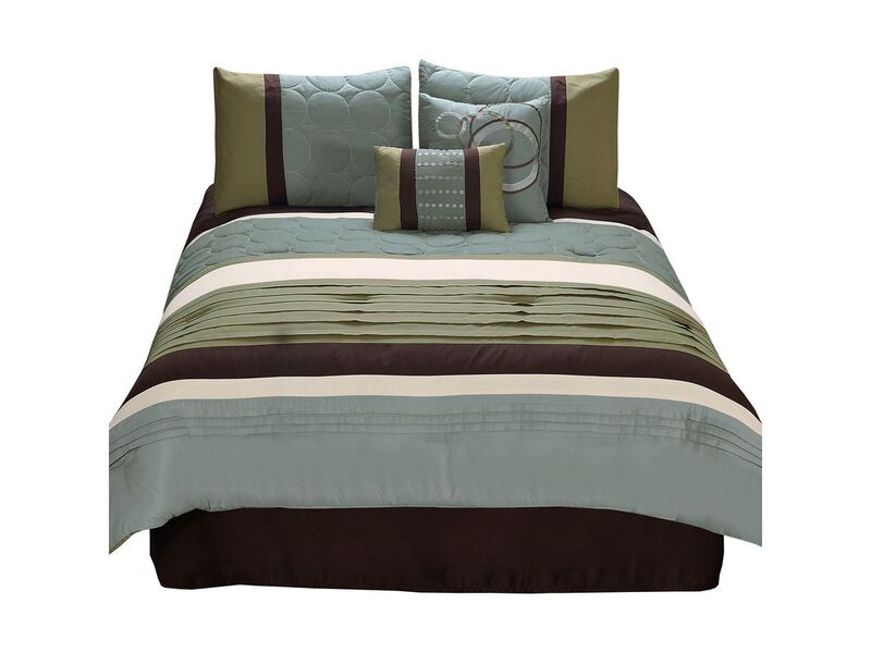 6 Piece King Comforter Set with Pleats and Embroidery, Green and Blue - Benzara