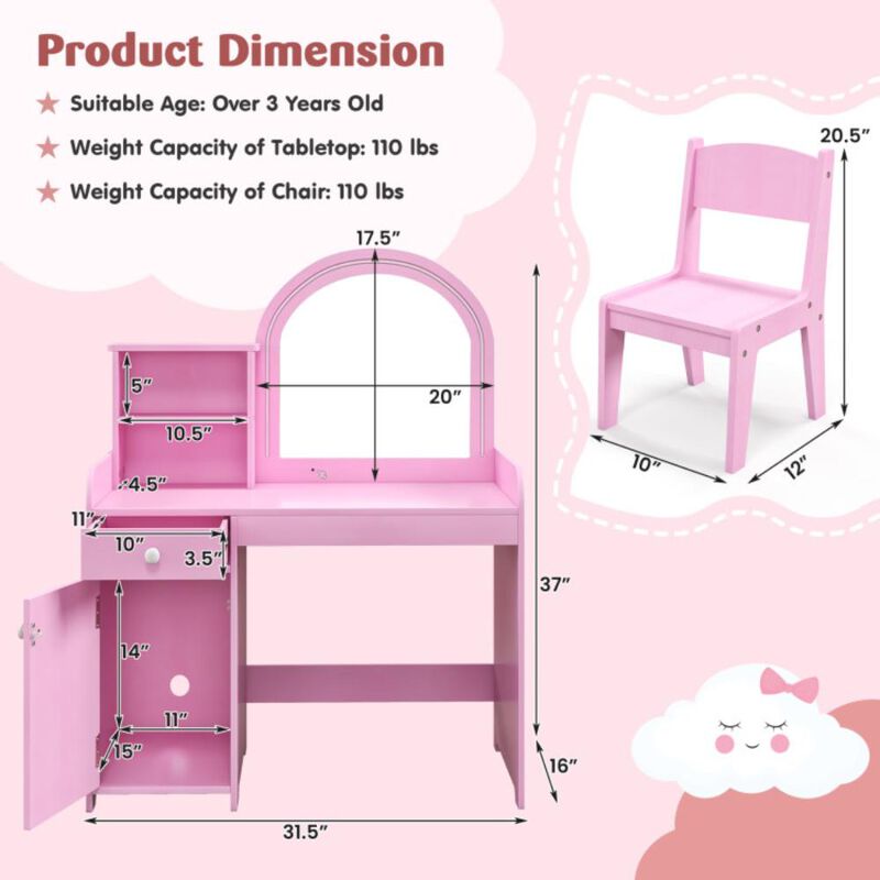 Hivvago Kids Vanity Table and Chair Set with Shelves Drawer and Cabinet-Pink