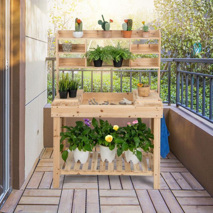 Hivvago Large Garden Potting Bench Table with Display Rack and Hidden Sink