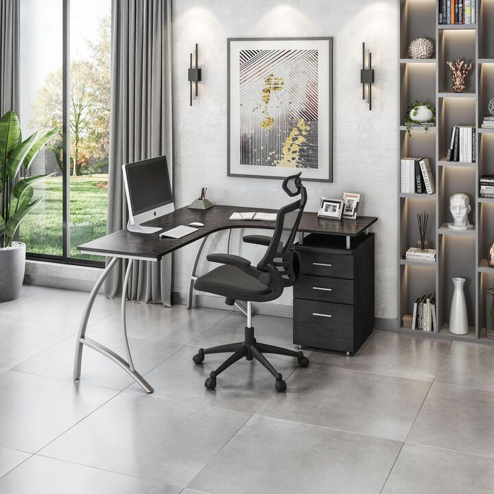 Techni Mobili Modern L- Shaped Computer Desk with File Cabinet and Storage. Color: Espresso