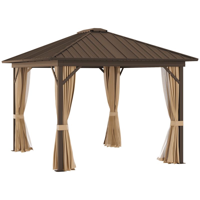 Brown Garden Pavilion: 10'x12' Hardtop Gazebo with Steel Roof & Curtains