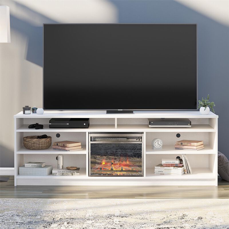 REALROOMS Hickory Hill 75" TV Stand with Electric Fireplace Space Heater and 6 Shelves