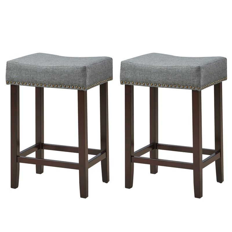 2 Pieces Nailhead Saddle Bar Stools with Fabric Seat and Wood Legs