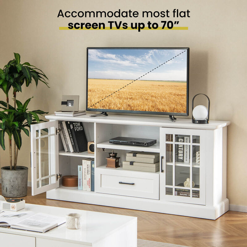 TV Stand for TVs up to 70" with Glass Doors, Cubbies, and Drawer Storage