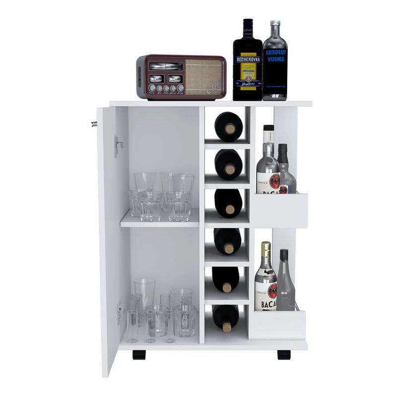 DEPOT E-SHOP Magda Bar Cart, Four Casters, Six Built-in Wine Rack, Single Door Cabinet, Two External Shelves, White