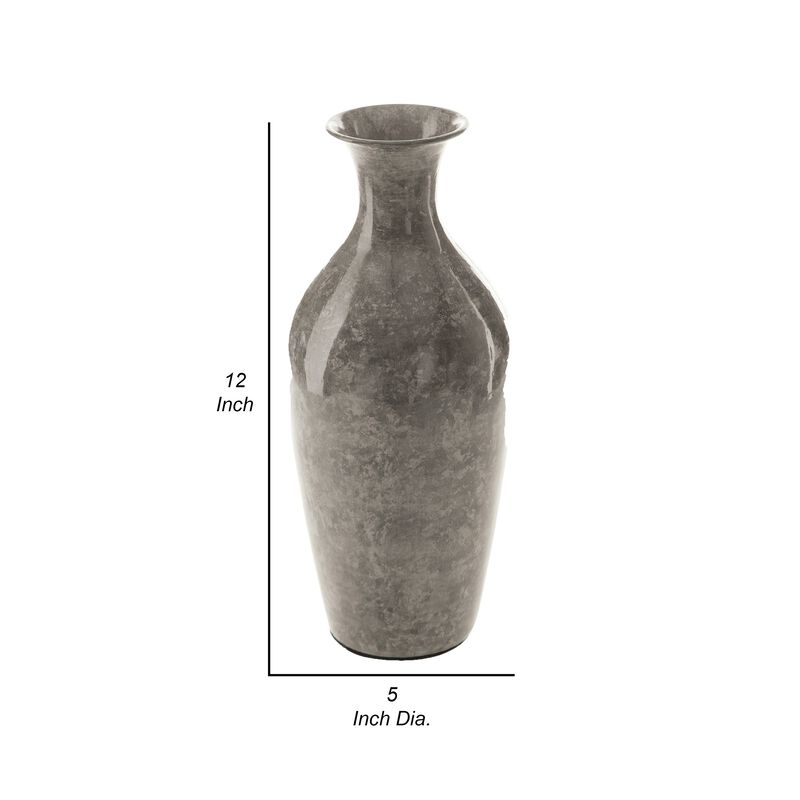 Rock 12 Inch Flower Vase, Decorative Thin Neck, High Gloss Gray Finish - Benzara