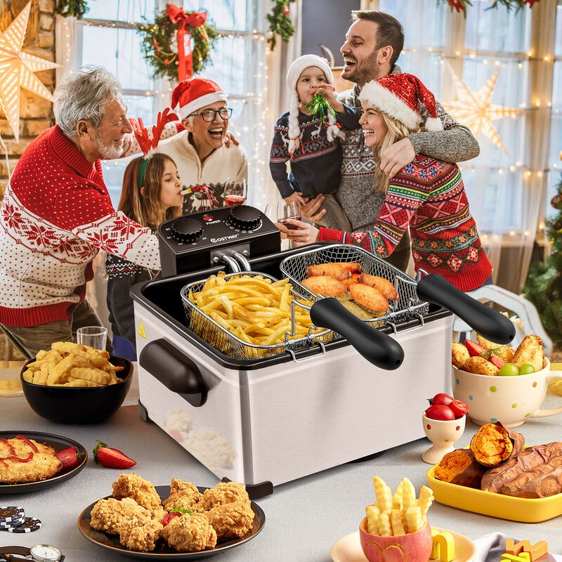 Electric Deep Air Fryer 5.3QT/21-Cup Stainless Steel 1700W with Triple Basket