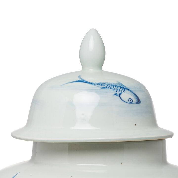 18 Inch Porcelain Ginger Jar, Artful Wispy Fish, Classic White and Blue-Benzara