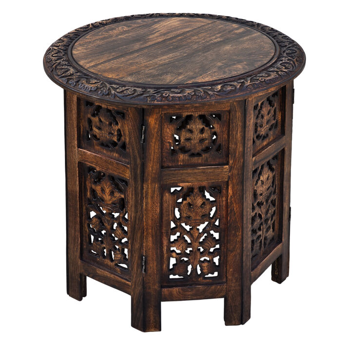 18 Inch Mango Wood Folding Accent Table, Hand Carved, Walnut Brown-Benzara