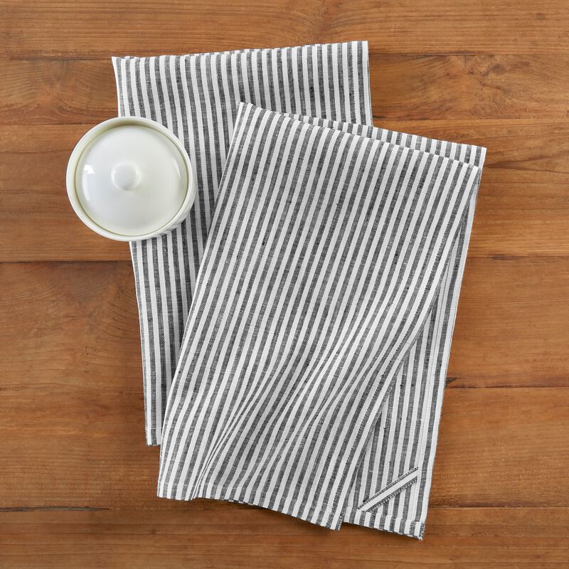 Solino Home 100% Pure Linen Kitchen Towels Set of 2 - 17 x 26 Inch | Narrow Stripe