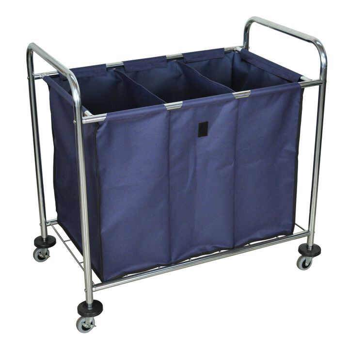 Ergode Rolling Industrial Laundry Cart with Heavy-Duty 3 Compartment Canvas Bag and Chrome-Plated Steel Frame - Navy Ergode Rolling Industrial Laundry Cart with Heavy-Duty 3 Compartment Canvas Bag and Chrome-Plated Steel Frame - Navy