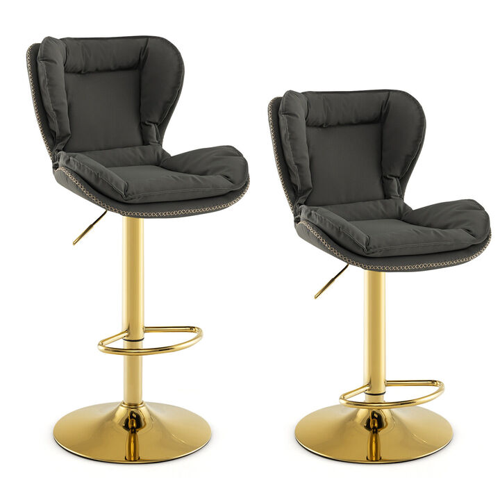 Set of 2 Swivel Bar Stools PU Leather Bar Chairs with Footrest and Curved Backrest-Grey