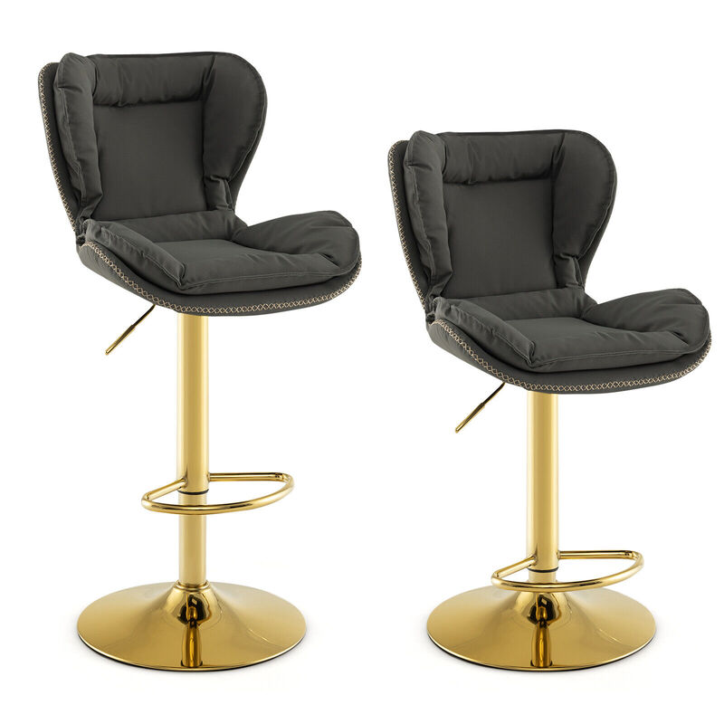 Set of 2 Swivel Bar Stools PU Leather Bar Chairs with Footrest and Curved Backrest-Grey
