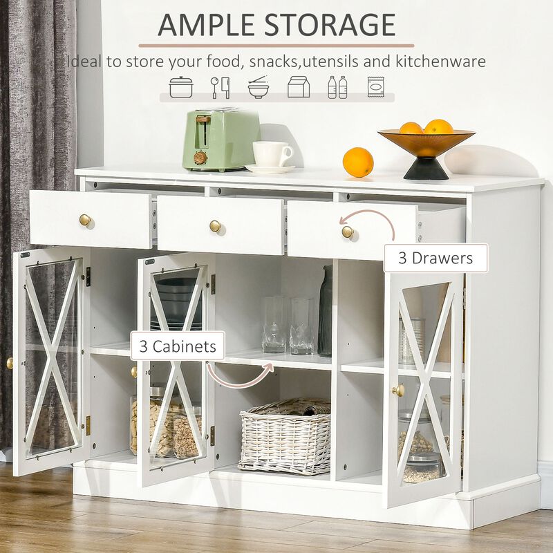 White Farmhouse Buffet: Modern Sideboard with Bronze Handle, Glass Barn Door, 3 Drawers