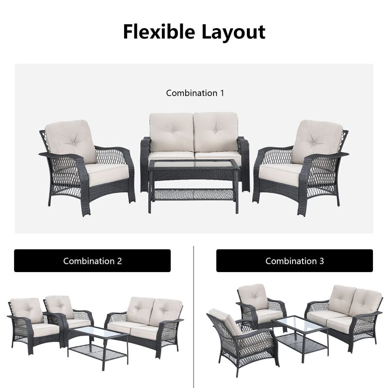 4 Pieces Patio Wicker Furniture Conversation Sets with Coffee Table and Cushions