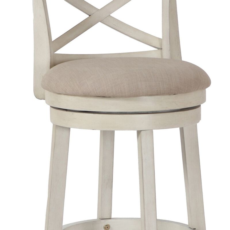 Curved X Shaped Back Swivel Barstool with Fabric Padded Seating, Antique White-Benzara