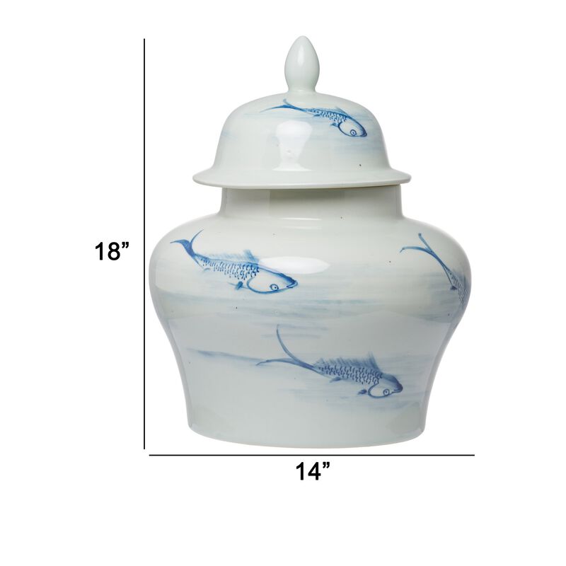 18 Inch Porcelain Ginger Jar, Artful Wispy Fish, Classic White and Blue-Benzara