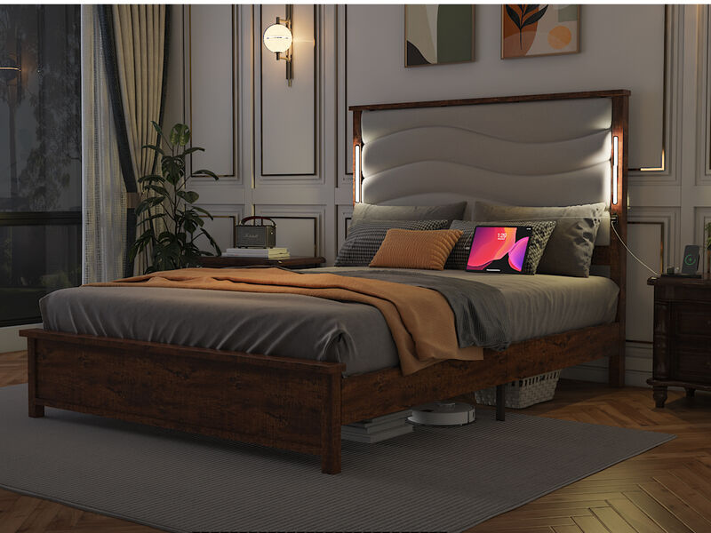 Bed Frame with Upholstered Headboard, Bed Frame with Charging Station and LED Lights, Wood Slats, Beige Linen, No Box Spring Needed, Easy Assembly