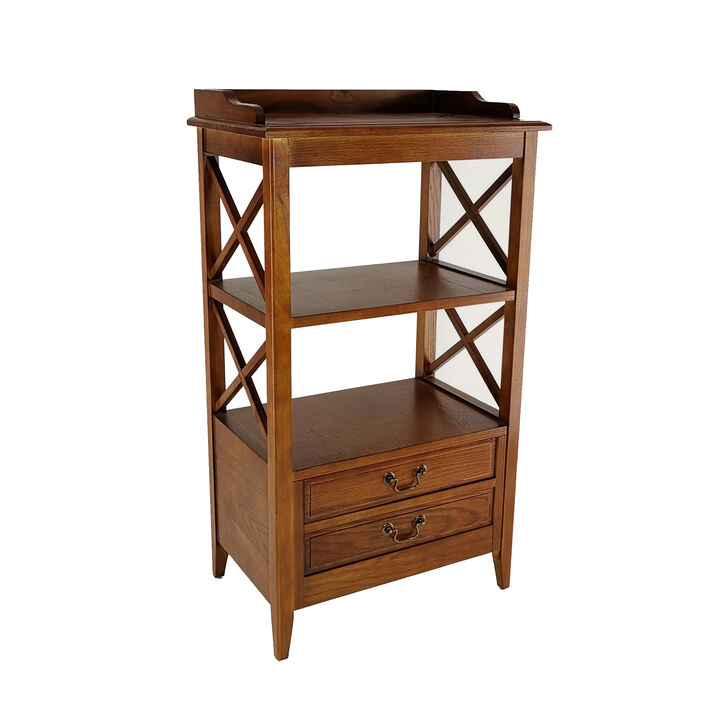 X Frame Wooden Rack with 2 Drawers and Open Shelf, Brown-Benzara X Frame Wooden Rack with 2 Drawers and Open Shelf, Brown-Benzara
