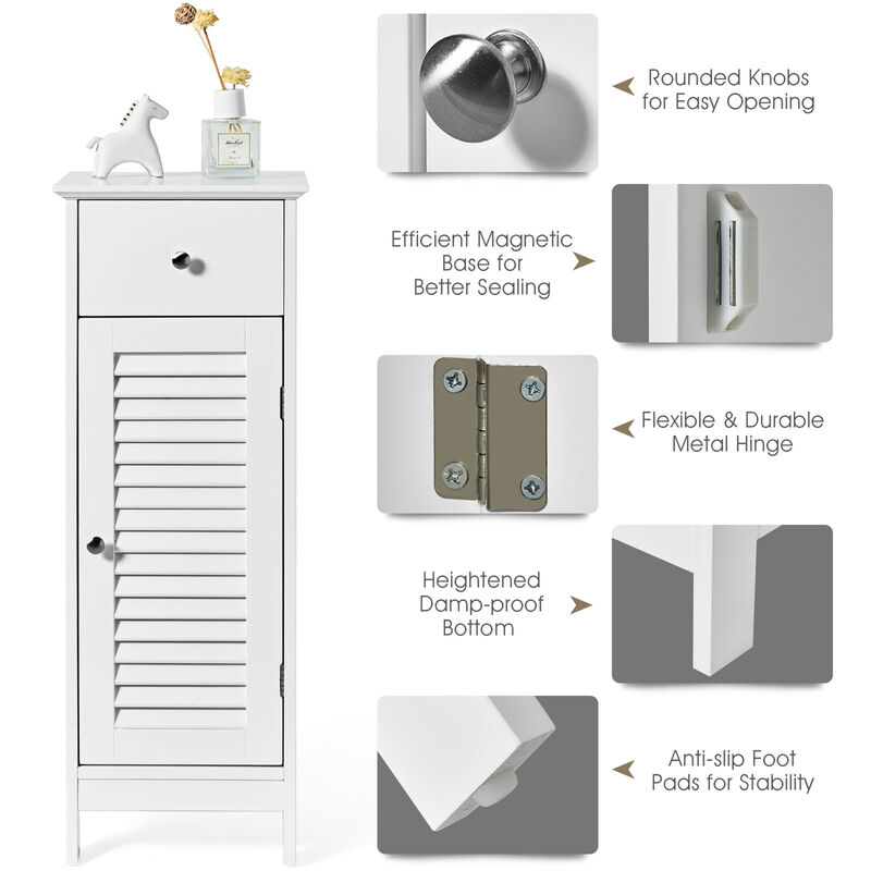 Costway Bathroom Floor Storage Cabinet Side Wooden Organizer w/ Drawer & Shutter Door