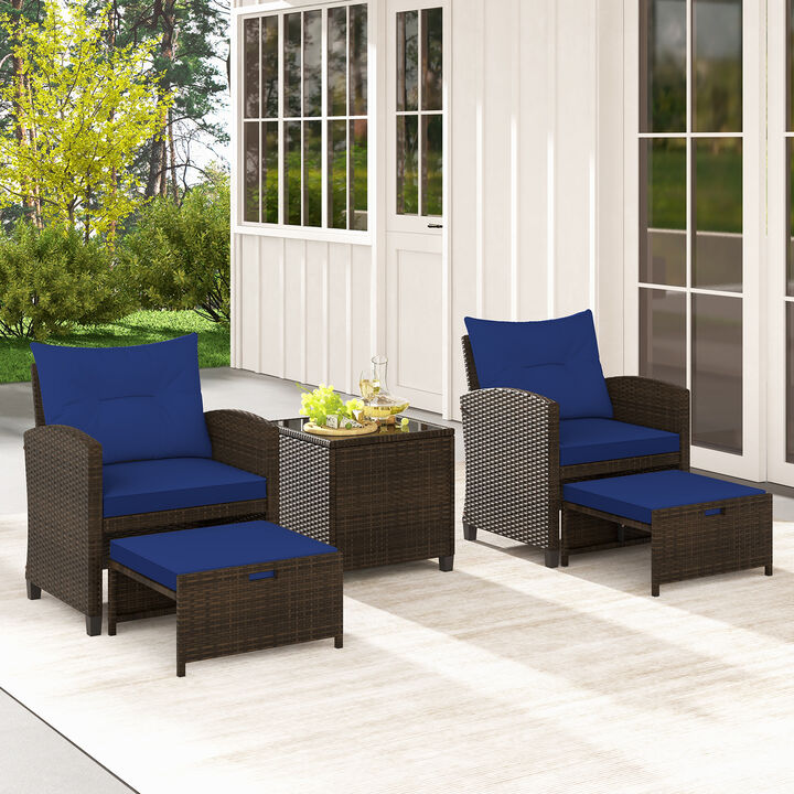 5 Pieces Patio Rattan Furniture with 2 Ottomans and Tempered Glass Coffee Table