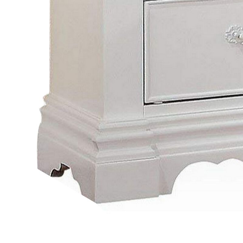Three Drawer Nightstand With One Hidden Top Drawer And Scalloped Feet, White-Benzara