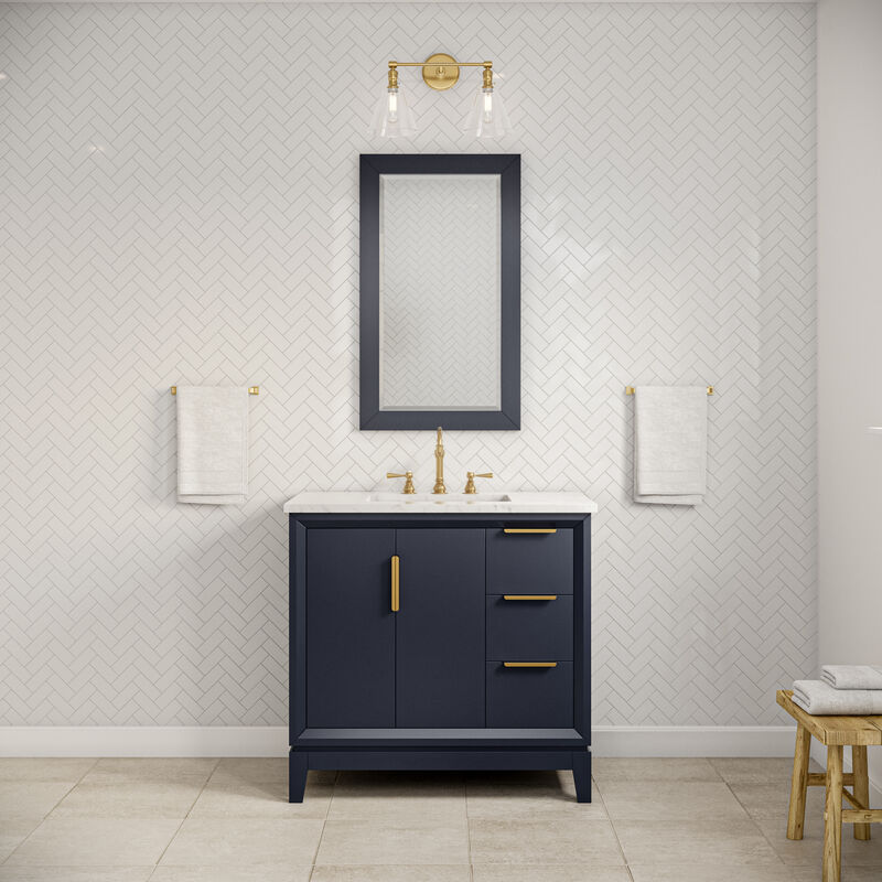 Elizabeth 36 In. Single Sink Carrara White Marble Countertop Bath Vanity In Monarch Blue with Satin Gold Hardware