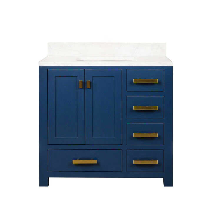 Madison 36 In. Single Sink Carrara White Marble Countertop Bath Vanity In Monarch Blue with Satin Gold Hardware