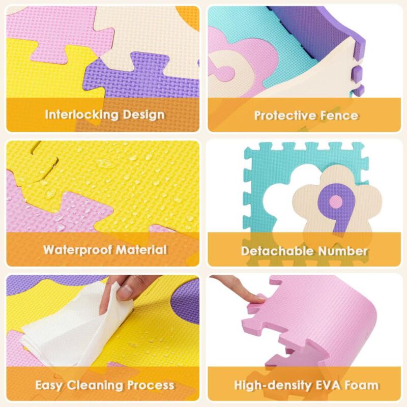 Hivvago 75 Pieces Baby Foam Interlocking Play Mat with Fence with Detachable Numbers