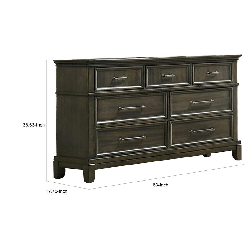 Benjara Ston 63 Inch Wide Dresser Chest, 7 Drawers, Handles, Wood, Gray and Pewter