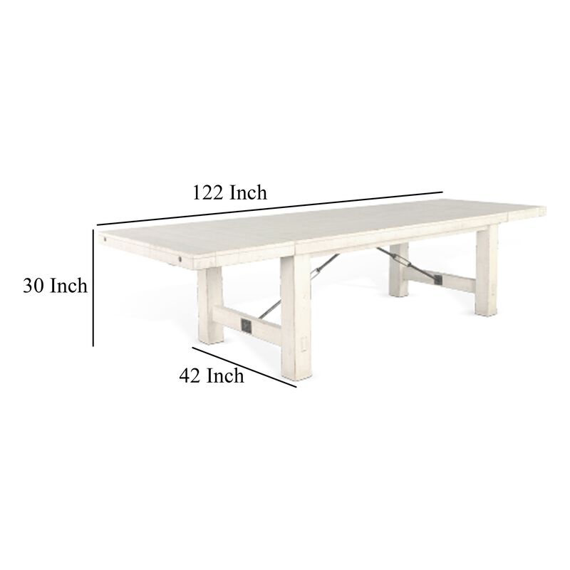 Rena Dining Table, 2 Extension Leaf, 86-122 Inch White Mahogany Wood - Benzara