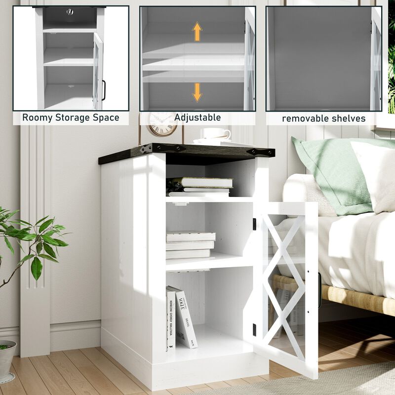 Farmhouse End Table with Charging Station, 15.4'' Rustic Nightstand with Barn Door & Adjustable Shelf, Wooden Sofa Side Table with 3-Tier Storage for Living Room, Bedroom, White