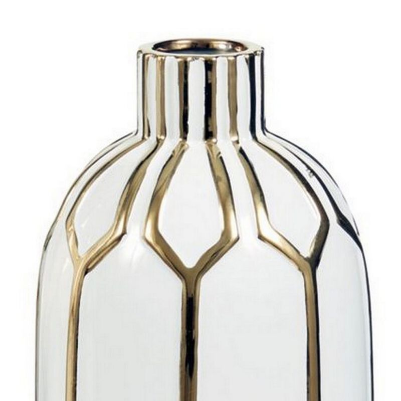 Vase with Honeycomb Geometric Design, Set of 2, White and Gold-Benzara