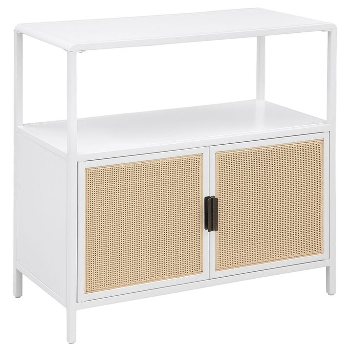 Lanie Accent Cabinet, Open Shelf and 2 Doors, PE Cane, White Metal - Benzara