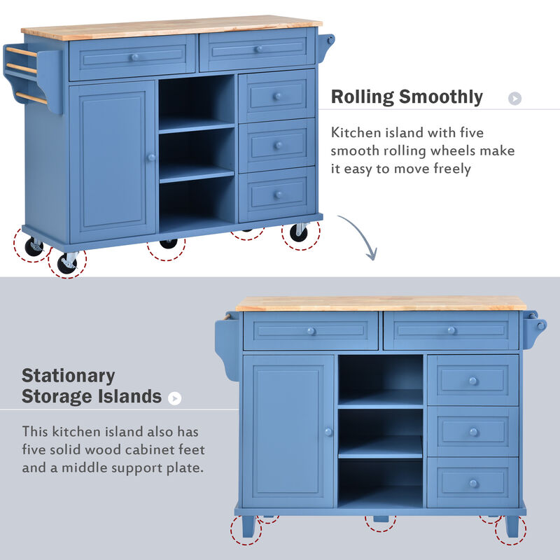 Streamdale Blue Rolling Kitchen Island with Rubberwood Top - 53