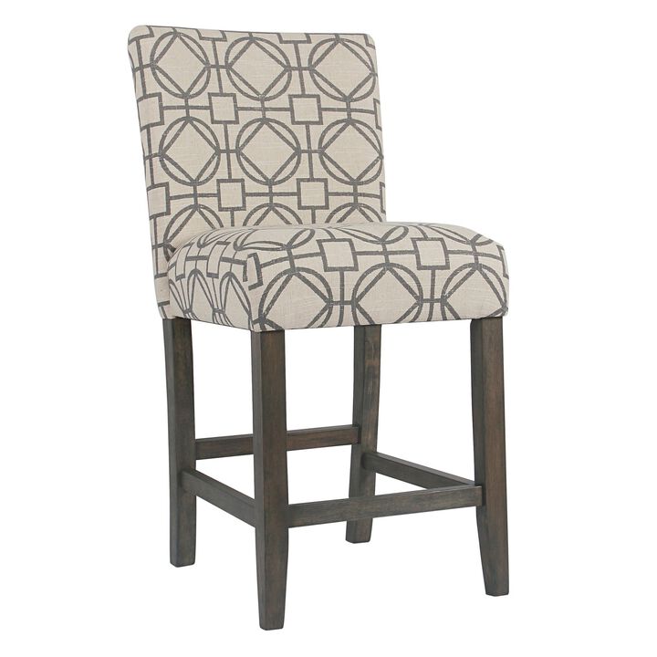 Wooden 24 Inch Counter Height Stool with Trellis Pattern Fabric Upholstery, Cream and Gray - Benzara