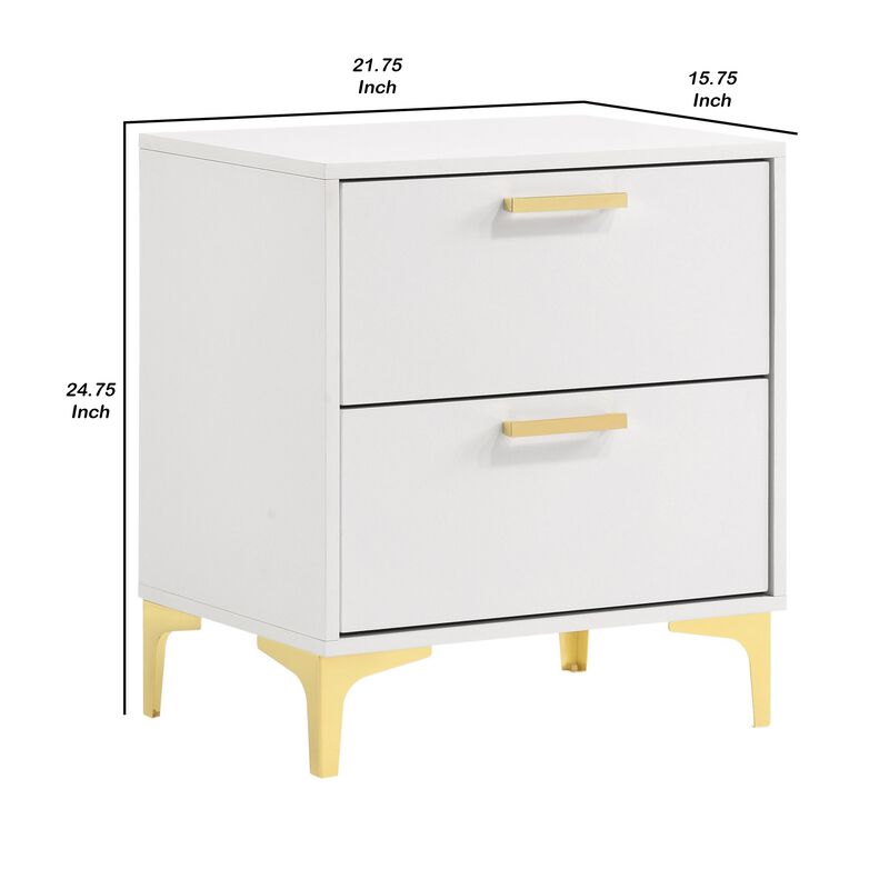 Lif 25 Inch Modern 2 Drawer Nightstand, Gold Metal Accents, Pure White-Benzara