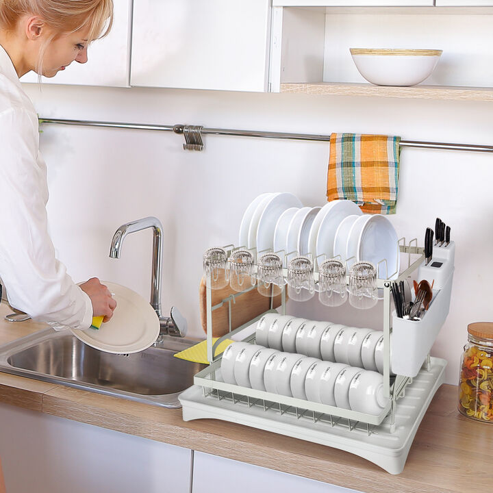 2-Tier Dish Rack Set White,Foldable Dish Drainer Metal Utensil Holder Drainage