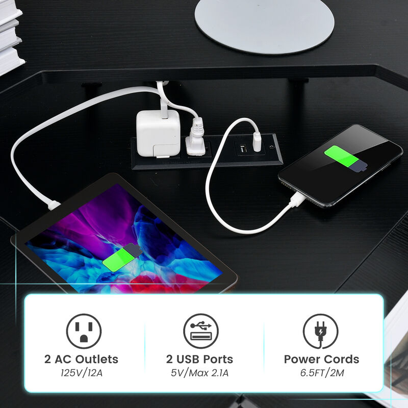 L-shaped Computer Desk with Power Outlet and Monitor Stand