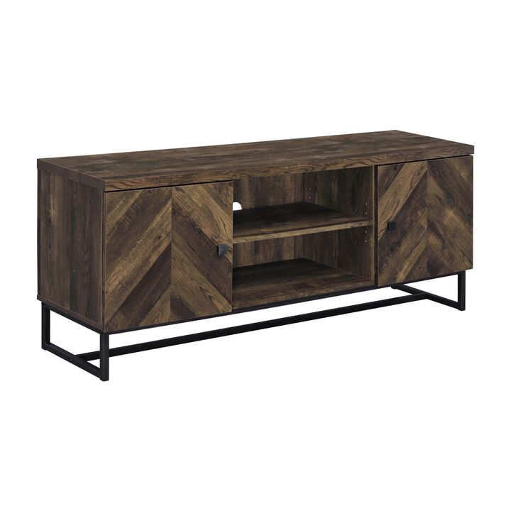 60 Inch TV Media Console Cabinet, 2 Herringbone Doors, Rustic Brown Wood-Benzara