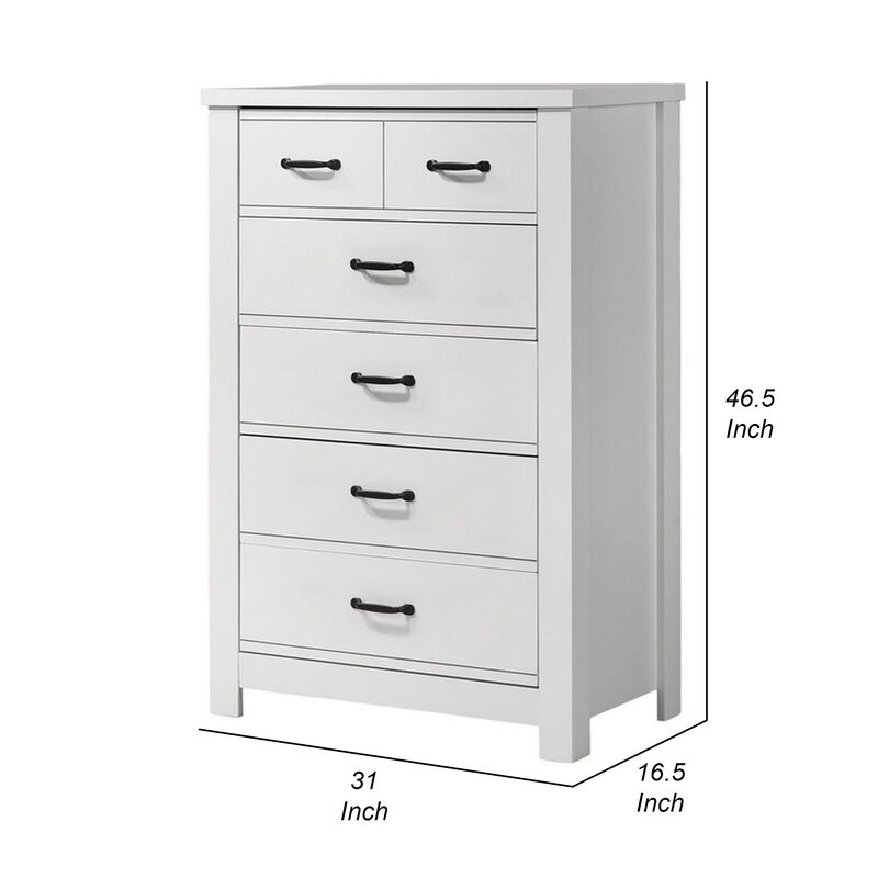 Jermy 47 Inch Tall Dresser, 5 Drawers, Black Handles, Crisp White Finish - Benzara