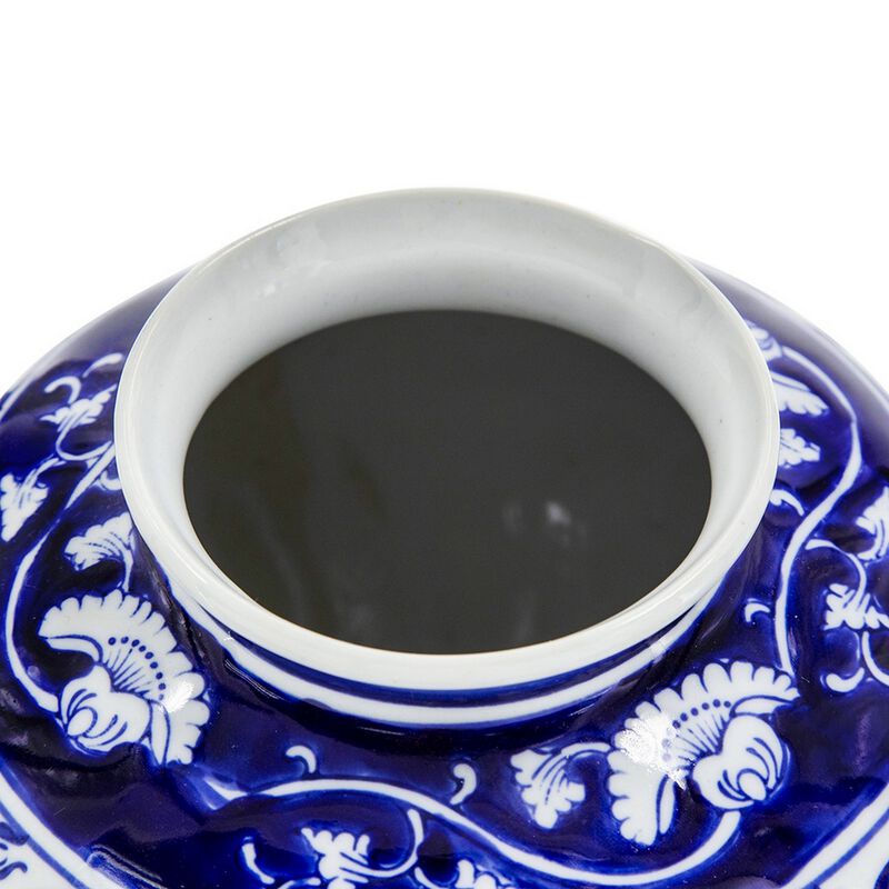 9 Inch Porcelain Vase, Blue Persian Print, Curved Shape, Flared Opening-Benzara