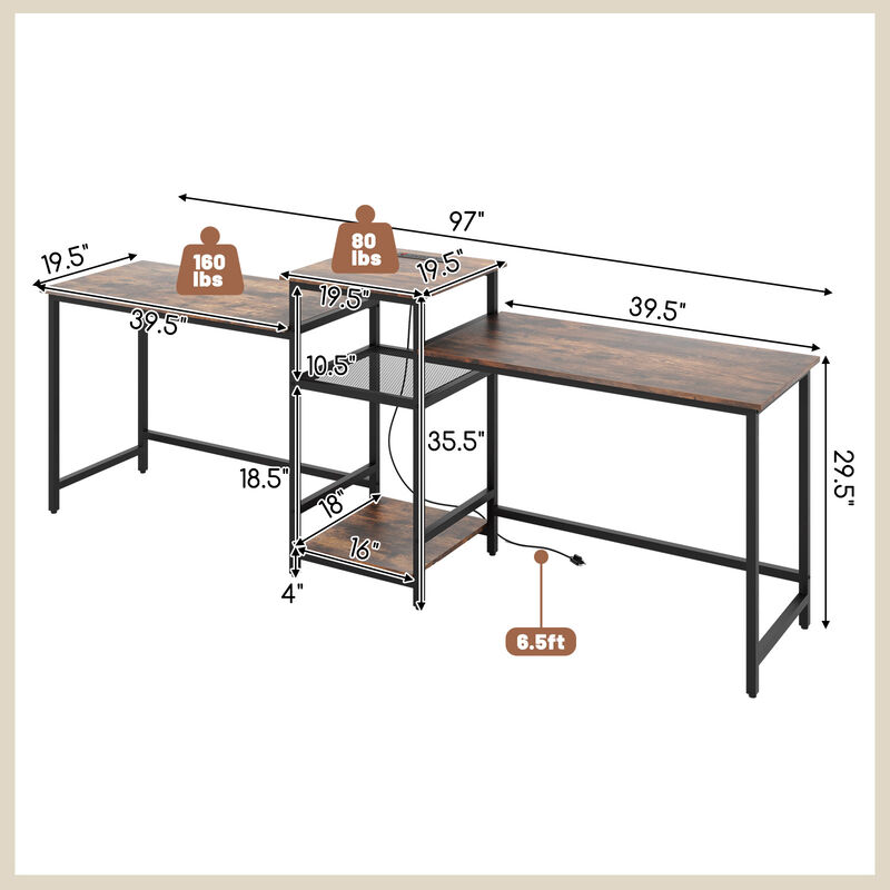 2-Person Computer Desk with Power Outlet and Built-in Printer Stand for Office